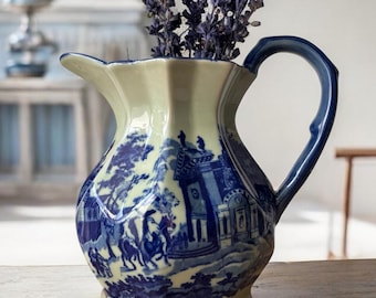 Flow Blue Pitcher: City Scene Design, Antique Ceramic Water Jug