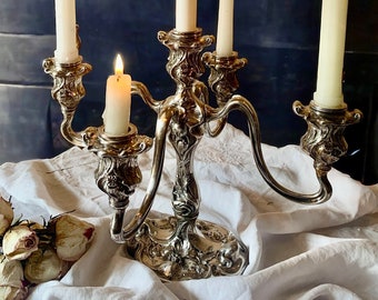 Antique Beautiful Silver Plate Elegant Repoussé Five Arm Candelabra, Ornate Silver Antique Candelabra