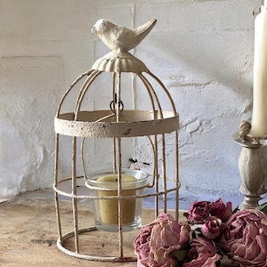 Chippy White Metal Bird Cage Candle Holder: Victorian Style Farmhouse Decor