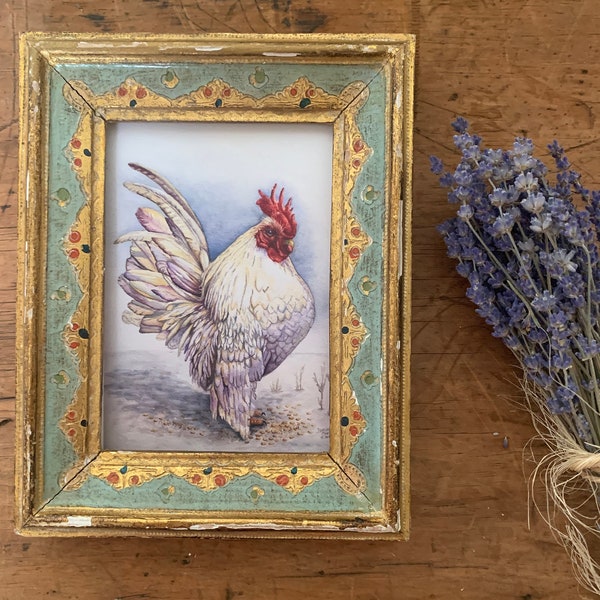 Antique Italian Hand Painted Florentine Gilded Frame With Rooster Watercolor, French Rooster Watercolor