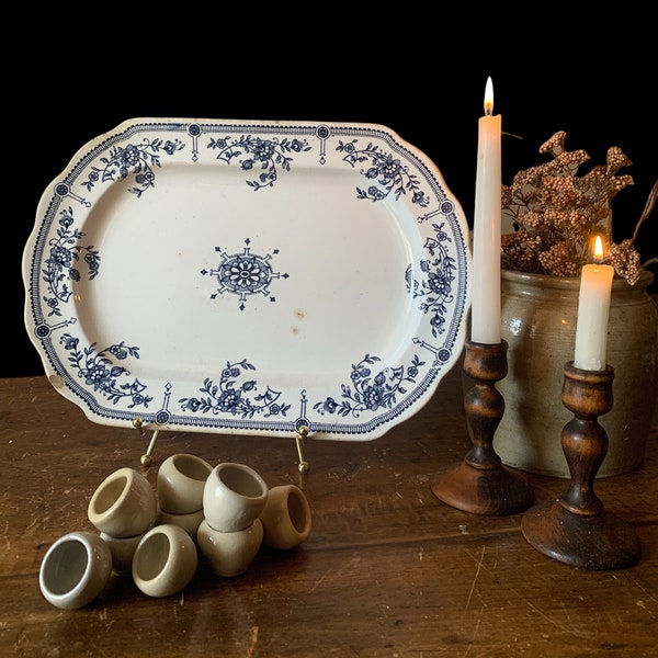 Antique English Ironstone Oval Blue Transferware Platter Brownfield & Son, Osmond Patter Dated 1871 - 1891