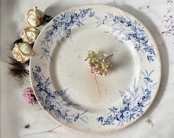 19th Century French Large Serving Plate or Charger: Blue Floral Transferware, Creil Montereau