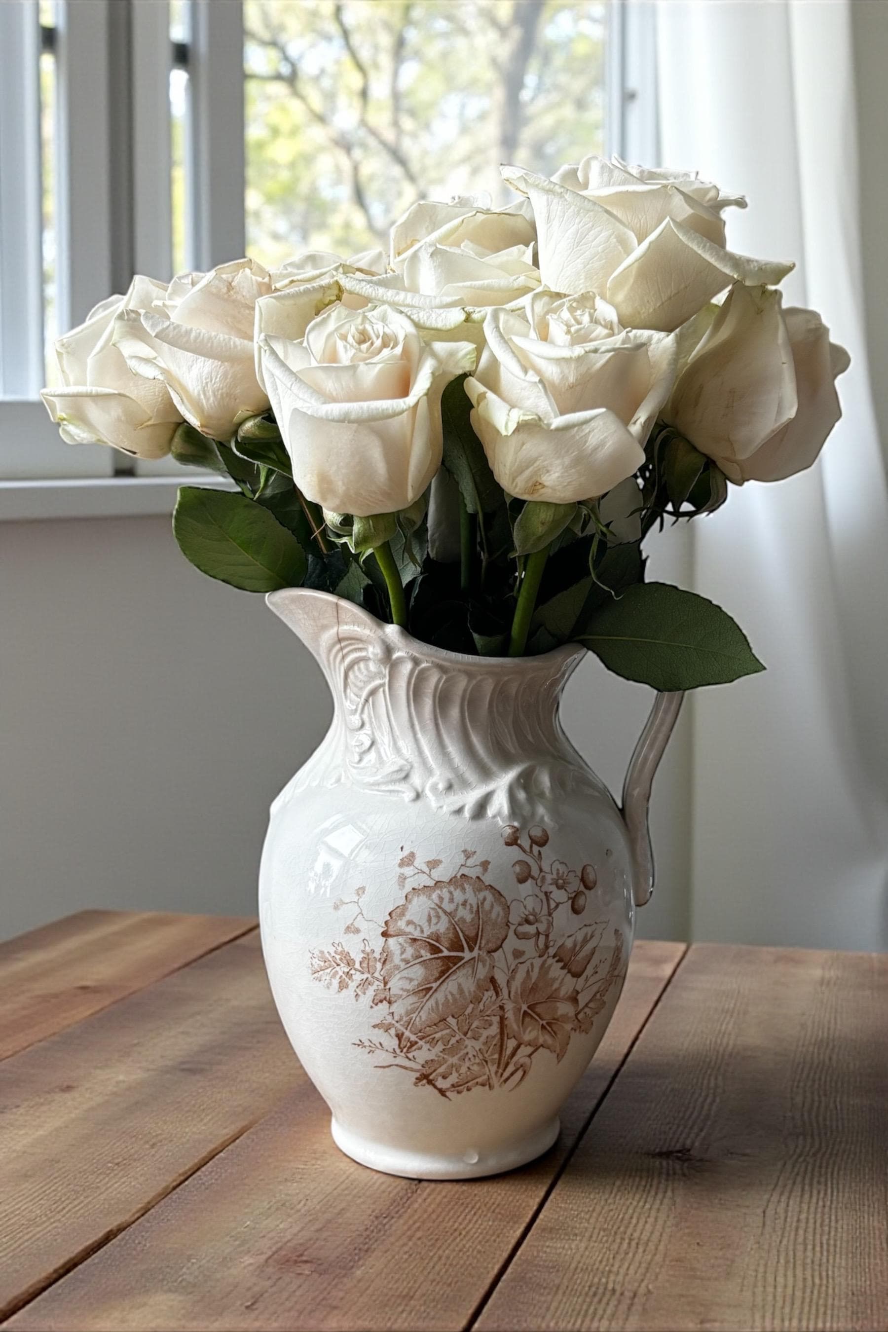 Antique Vodrey Ursilla Ironstone Pitcher: Brown Floral