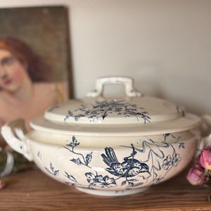Antique French Gien Tureen: Blue Bird Transferware, Terre de Fer
