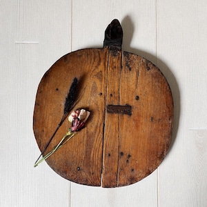 Antique French Round Repaired Cutting/Bread Board With Lots of Patina and Character, Rustic Bread Board, French Kitchenalia, circa 1890
