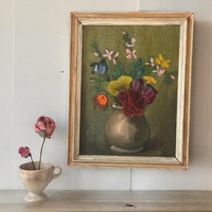 Original French Oil Painting: Wildflower Still Life, Antique Frame