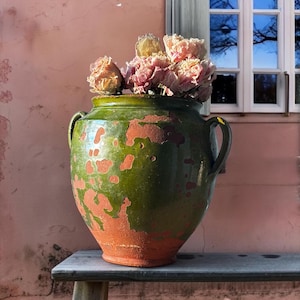 19th Century French Rare Green Confit Pot With Chippy Glaze: Provencal Earthenware