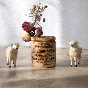 May include: A vintage-style arrangement featuring a weathered jar with French text, dried roses, and two small sheep figurines with red noses. The jar holds a small bouquet of dried flowers. The sheep are positioned on either side of the jar.