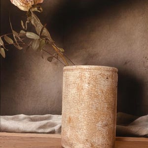May include: A cylindrical ceramic vase with a cream-colored glaze and a prominent brown crackle finish. A single dried, pale pink rose with green leaves and a thin stem is positioned inside the vase, extending upwards from the opening.