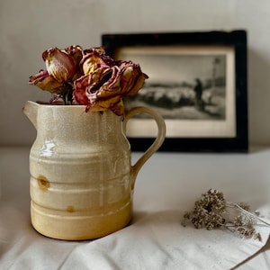 May include: A cream-colored ceramic pitcher with a subtle crackle glaze finish and horizontal ribbed detailing. The pitcher features a curved handle and a small pouring spout, and it is filled with a cluster of dried, deep pink and brown roses.