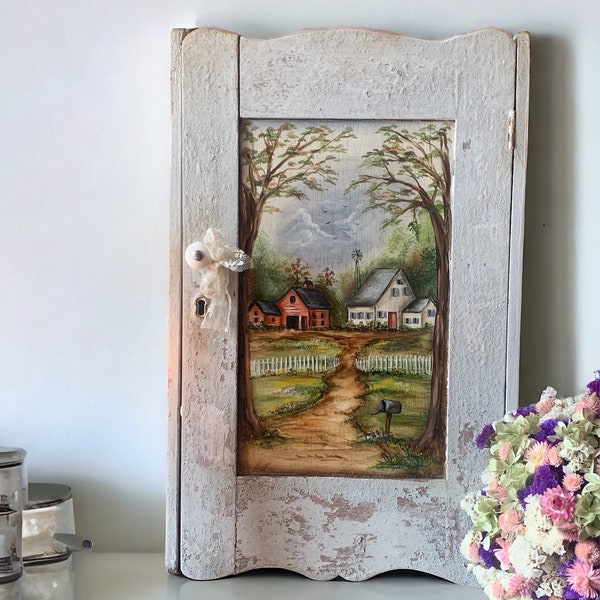 Stunning Vintage Oil Painted Oak Wall Cabinet or Medicine Cabinet, Old Chippy Oak Wall Cabinet With Oil Pastoral Painting, Pastoral Oil