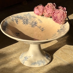 19th Century French Faience Compotier: Blue Transferware Ironstone Cake Stand