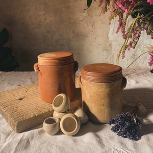 French Late 19th Century Set of Gres Des Bonny Sur Loire Salt Glazed Confit Pots With Lids Set of 2, French Crock, French Stoneware Jars