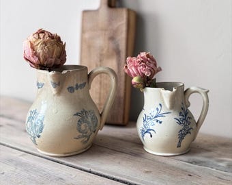 RESERVED - MT - Antique French Saint-Uze Creamers: Blue Transferware Flowers