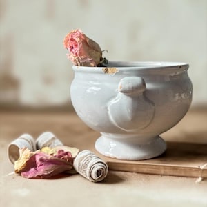 May include: A white ceramic bowl with a pedestal base and two side handles, featuring a visible crackled glaze finish and chips along the rim. A single dried pink rose rests inside the bowl, while loose rose petals lie nearby.