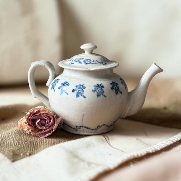 Antique French Saint-Uze Teapot With Lid: Blue Transferware Flowers