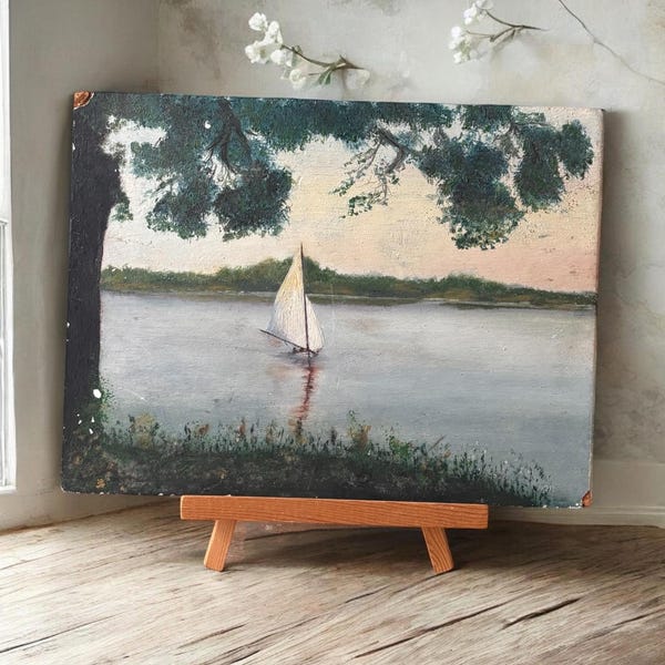 Original Antique Italian Still Life Oil Painting "La Barca": Naval Scene on Wood Board