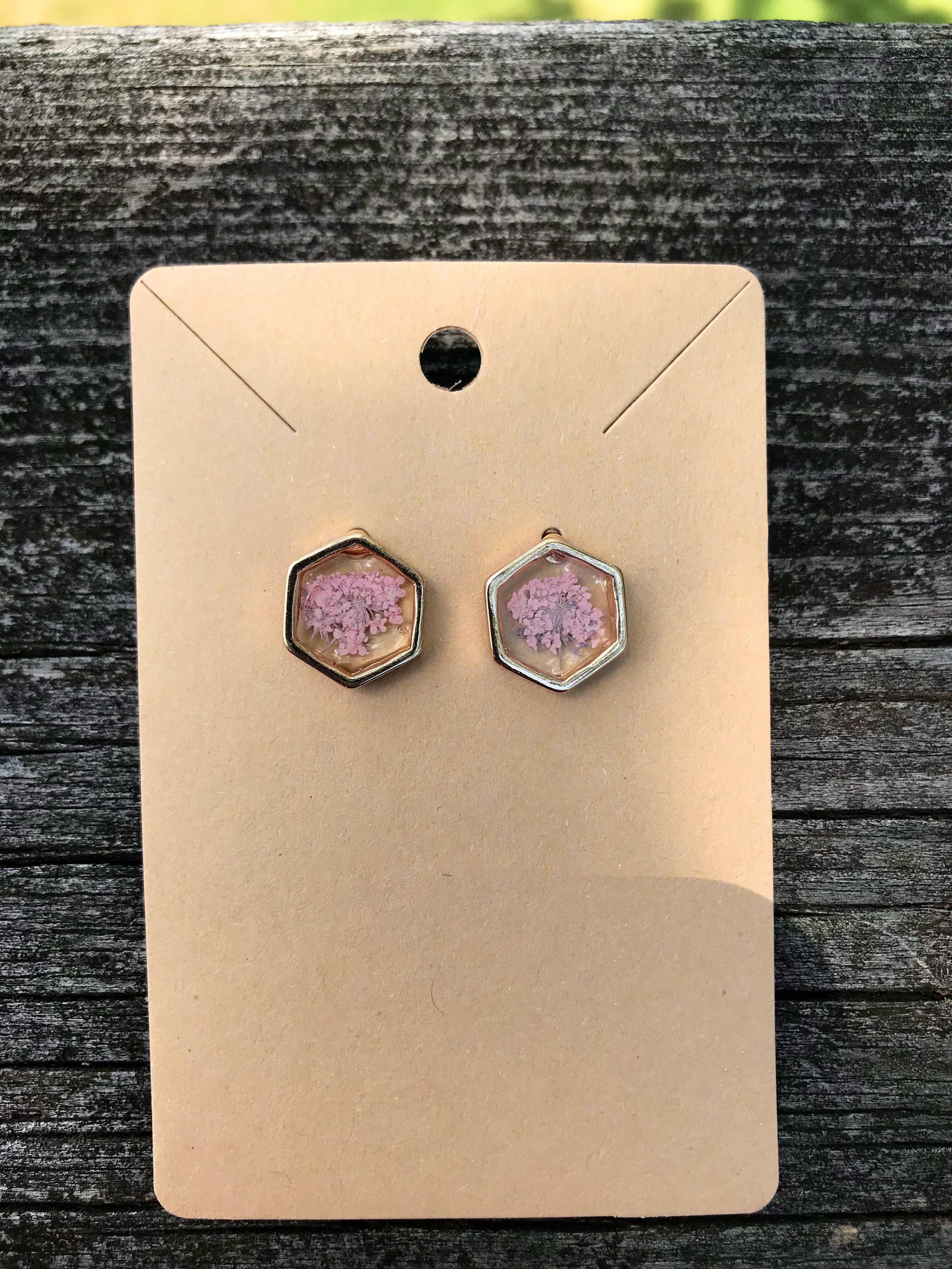Gold hexagon resin earrings with pink flowers Etsy