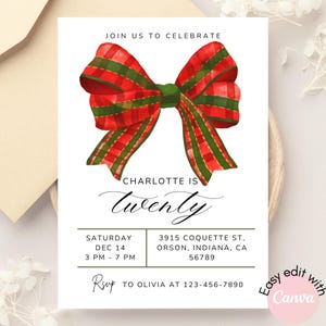 Elegante invitación de cumpleaños número 30 con lazo rojo: descarga digital, invitación para ella, ¡salud por los 30 años!, descarga instantánea, ¡celebre con estilo!