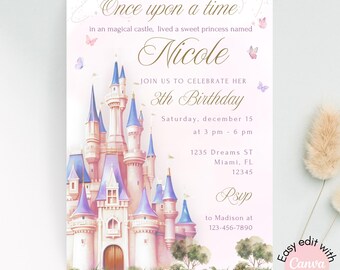 Royal Princesses Magical Birthday Party Invite, Editable pink Princess party invitation template, Princess castle birthday party invitation