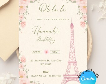 Invito di compleanno a Parigi con fiori rosa / OhLaLa Invite Birthday / Invito modificabile rosa Parigi / Invito di compleanno Torre Eiffel modificabile rosa