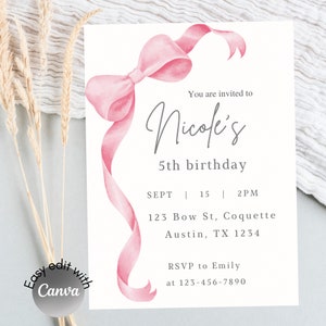 Flirty  Birthday Invitation for Girl | Mobile coquette bow Birthday | Pink bow Editable Invitation | Elegant  Pink Bow Birthday Invitations