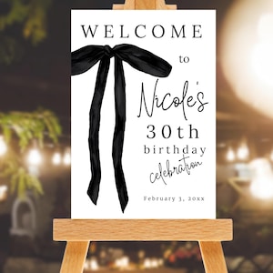 Coquette Birthday Welcome Sign Bow Welcome Poster Template Editável Black Bow Welcome Sign Ribbon Welcome Board 30º aniversário 40º DIY