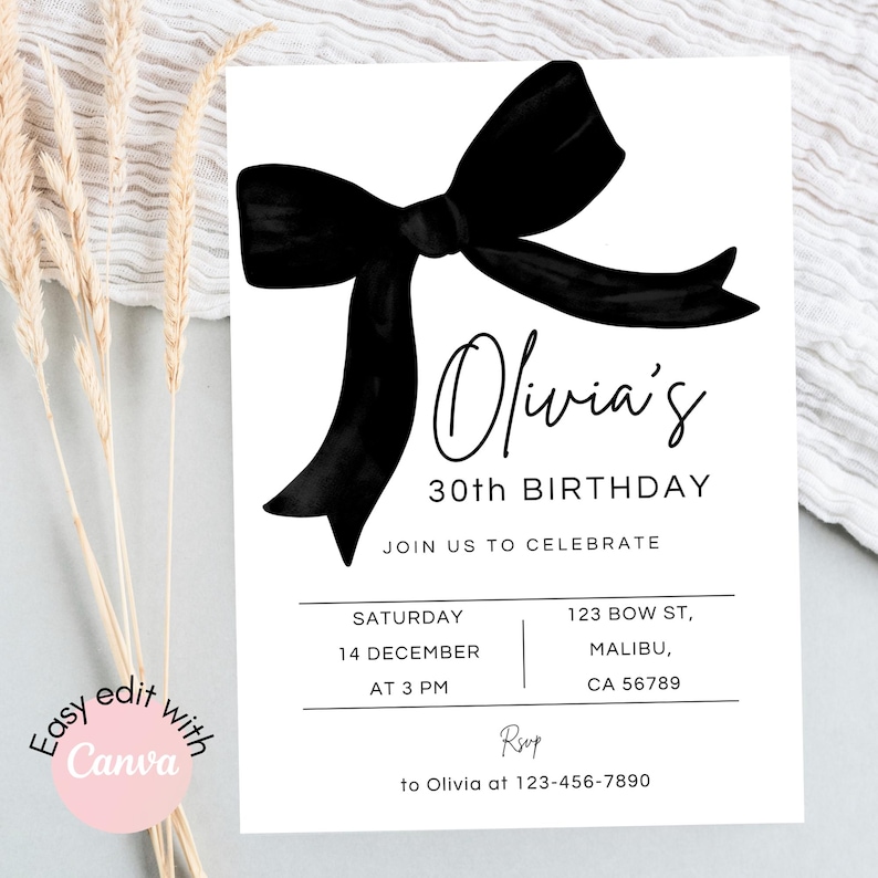Editable Black Bow Birthday Invitation Template, Minimalist Black Bow