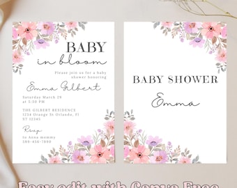 Baby In Bloom Invitation, Baby Shower invitation, Spring summer floral Baby shower, Digital Baby shower invitation template, Edit Canva Free