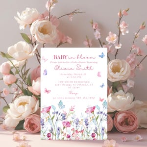 Baby in Bloom Invitation, Butterfly Baby Shower Invitation Girl, Pink Purple Butterflies Wildflower Invite , Printable Baby in Bloom Shower