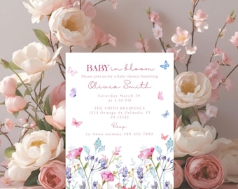 Baby in Bloom Invitation, Butterfly Baby Shower Invitation Girl, Pink Purple Butterflies Wildflower Invite , Printable Baby in Bloom Shower