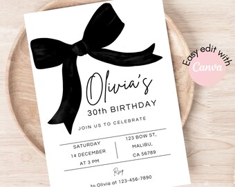 Editable Black Bow Birthday Invitation Template, Minimalist Black Bow Birthday Invite, Black Ribbon Coquette 30th 40th 50th Birthday Party