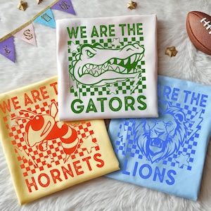 Custom Vintage Checkerboard We Are Mascot School Name T-Shirt, Favorite Team T-Shirt, Custom Mascot Retro Shirts, Mascot line art T-shirt,