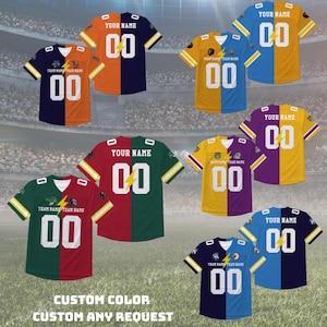 May include: A collection of custom football jerseys in various color combinations, including orange and navy, yellow and purple, and green and red. Each jersey features the number "00" and space for a name. The text "CUSTOM COLOR CUSTOM ANY REQUEST" is at the bottom.