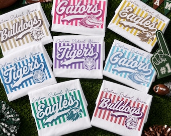Personalized Script Mascot Shirt, Custom Retro Baseball Stripe School Spirit Shirt, Vintage Game Day Football Shirt, Cute Team Spirit Gift