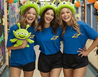 Camiseta de grupo con cara de extraterrestre, camiseta de hombrecitos verdes, camiseta de grupo de disfraces de Halloween, camiseta azul de extraterrestre de Pizza Planet, equipo de Halloween a juego