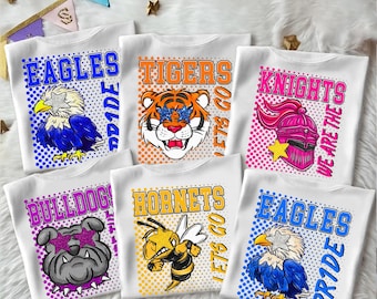 Camiseta deportiva personalizada de mascota colorida y preppy, camiseta de regreso a clases, camiseta de mascota escolar, camiseta para el día del juego, camiseta de mascota del equipo escolar