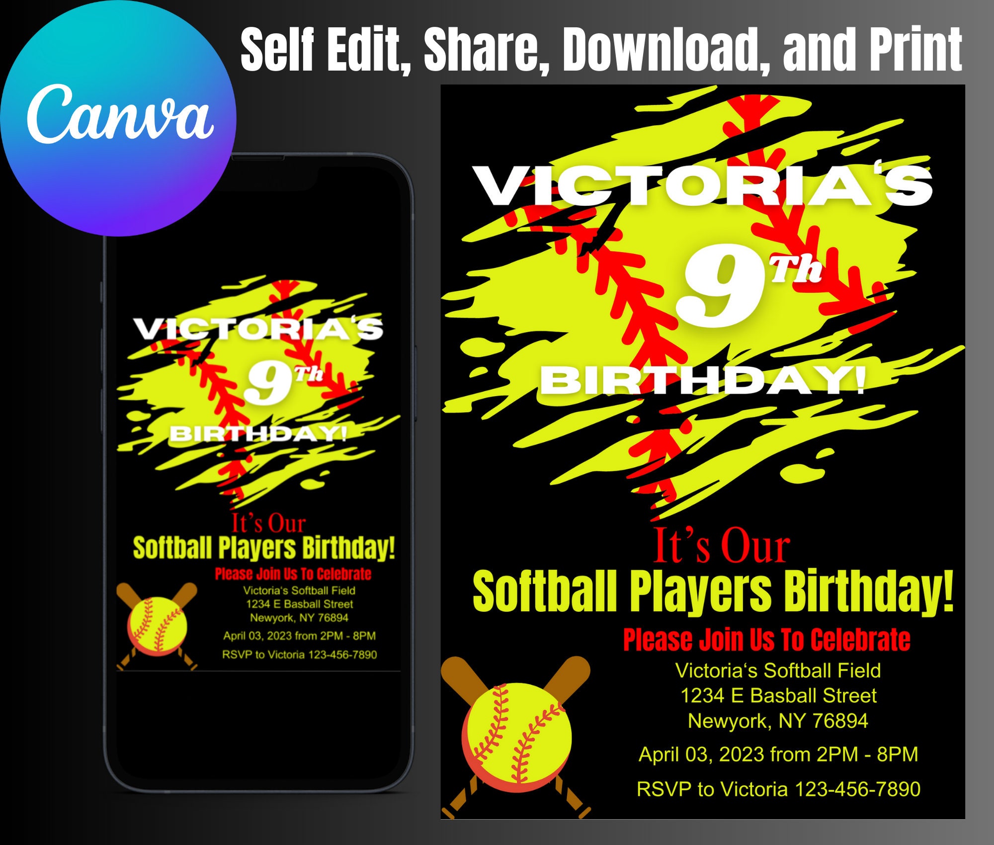 Softball Players Birthday Party Invitation - Etsy