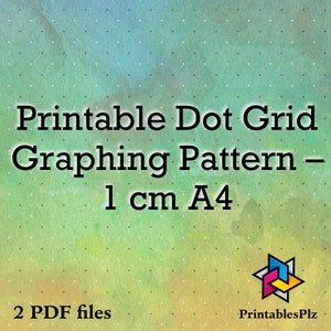 May include: Printable dot grid graphing pattern in A4 size with 1 cm spacing. The image shows a green and blue background with white dots. The text "Printable Dot Grid Graphing Pattern - 1 cm A4" is in black text. The text "2 PDF files" is in black text at the bottom left of the image. The text "PrintablesPlz" is in black text at the bottom right of the image.