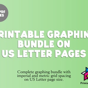 May include: A green background with white text that reads "Printable Graphing Bundle on US Letter Pages".  The text is in a bold, cartoon-like font.  A gray circle with white text that reads "29 PDF Files" is in the upper left corner.  A colorful star-shaped logo with the text "PrintablesPlz" is in the lower right corner.
