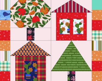 Mini Quilt Block Pattern: Houses, Trees, Checkerboard Border (PDF Download)