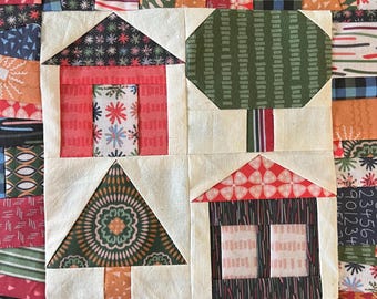 House and Trees Quilt Block Pattern: Foundation Paper Piecing (PDF Download)