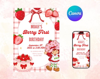 Berry First Birthday Invitation, Strawberry Shortcake Birthday Invitation Template, Berry Sweet Birthday Editable, Custom Strawberry Invite