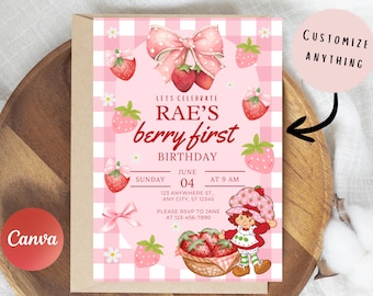 Berry First Birthday Invitation, Strawberry Shortcake Birthday Invitation Template, Berry Sweet Birthday Editable, Custom Strawberry Invite