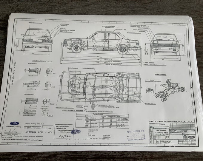 Ford Granada 2000 99PS 2-4 doors 1977 construction drawing ART work blueprint