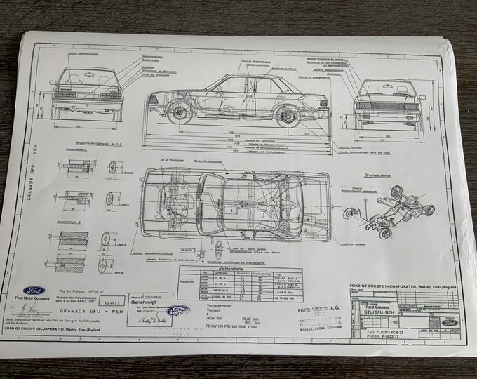 Ford Granada 2000 99PS 2-4 Door 1977 Construction Drawing ART work Blueprint