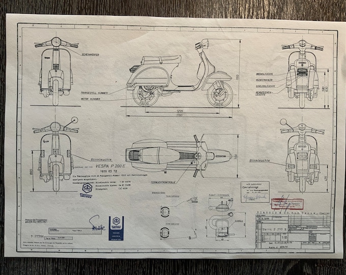 Vespa P 200 E 1978 construction drawing ART work blueprint
