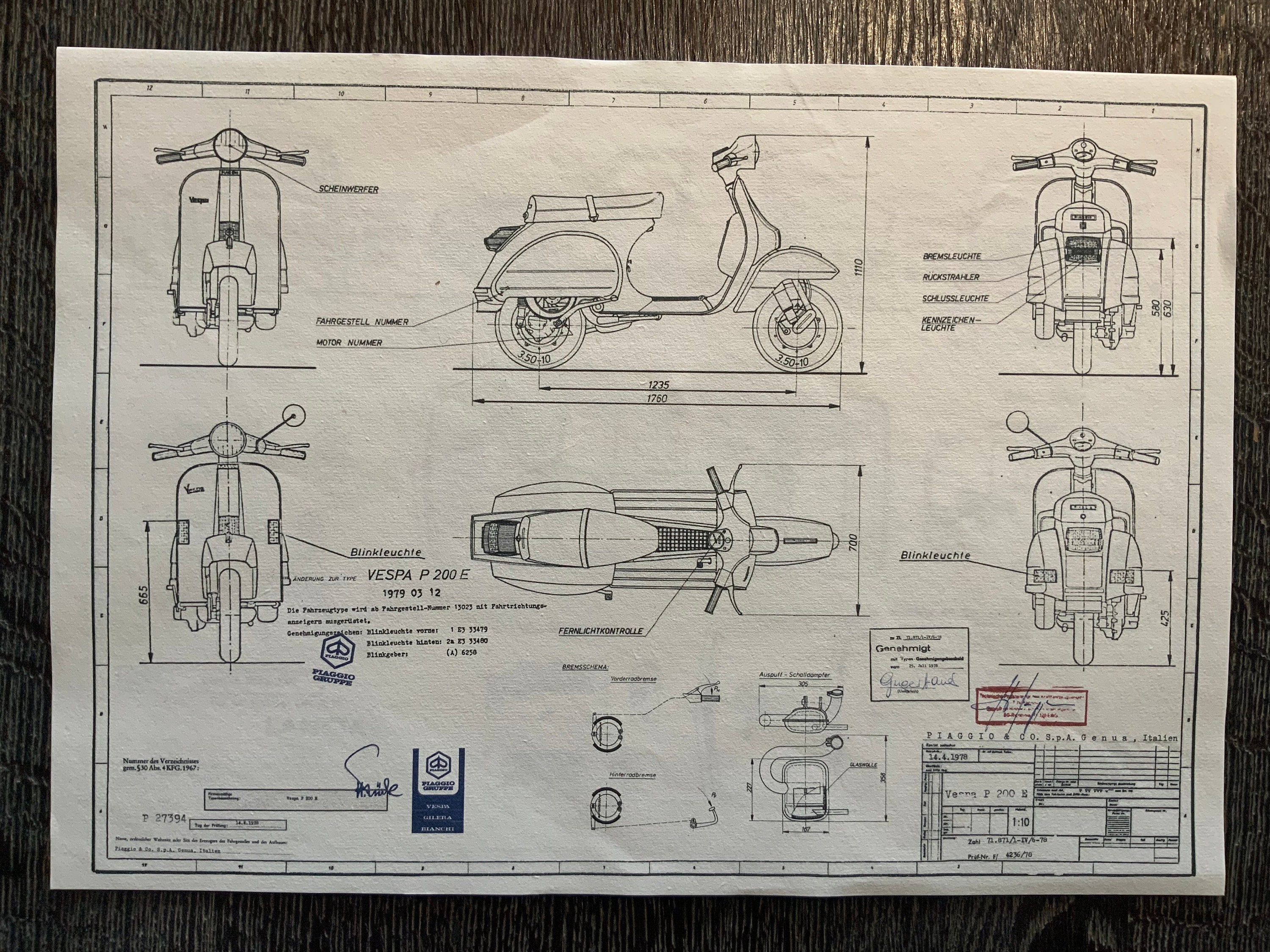 Vespa P 200 E 1978 Construction Drawing ART Work Blueprint