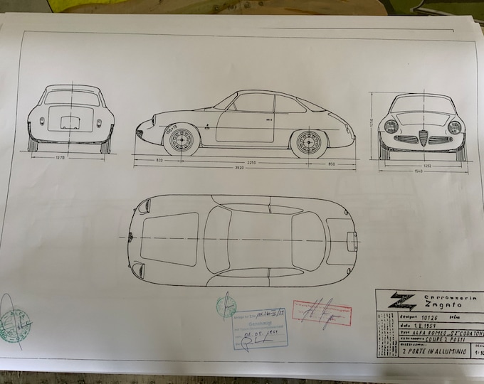 Alfa Romeo Zagato Giulietta Sprint Coupe SZ 1959 construction drawing ART work blueprint