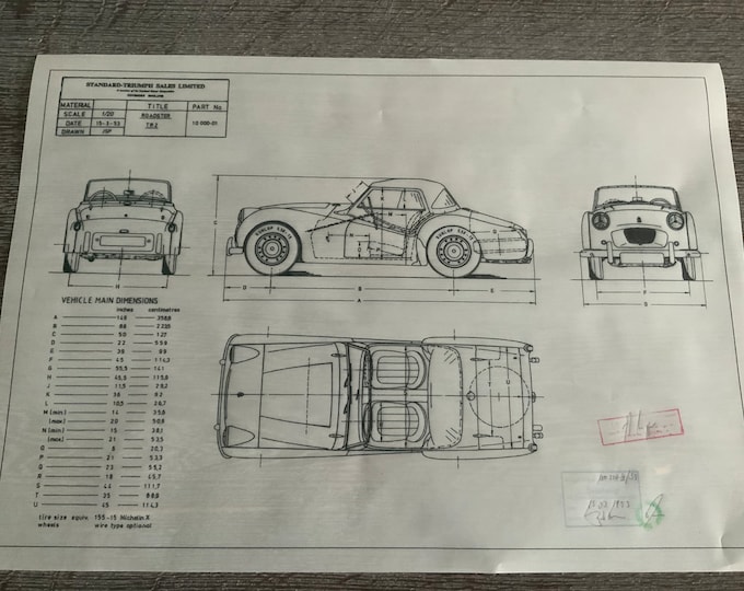 Triumph Roadster TR2 1953 construction drawing ART work blueprint